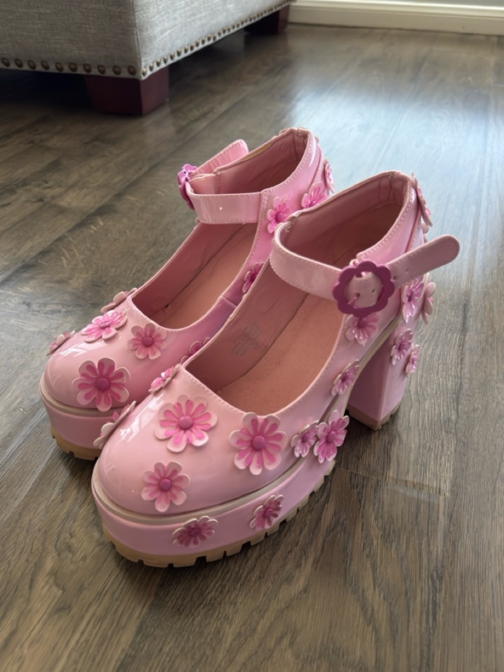 Dolls Kill Pink Floral Patent Platform Mary Janes - Picture 3 of 10
